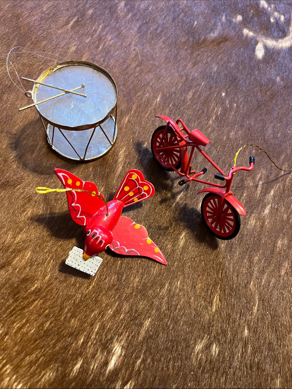 Set of 3 Vintage Christmas ornaments Red Metal Bicycle, drum set and a Bird